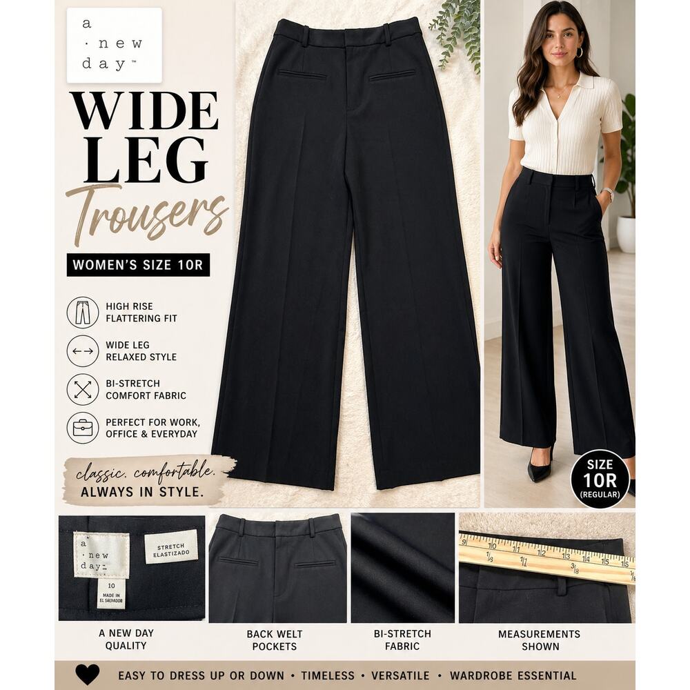 A New Day Wide Leg Dress Pants Size 10R Black High Rise Work Office Career